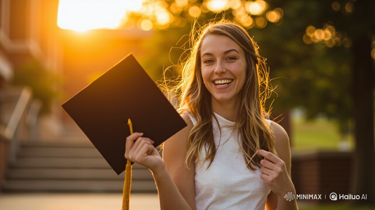 A candid photo of a high-school senior girl standing outdoors on campus during golden hour. She is smiling confidently while holding a graduation cap in her hand. Soft sunlight, warm tones, light wind in her hair. Aesthetic, classy, Instagram-ready vibe with blurred background of school steps and trees. Perfect “Senior Sunday” feel.